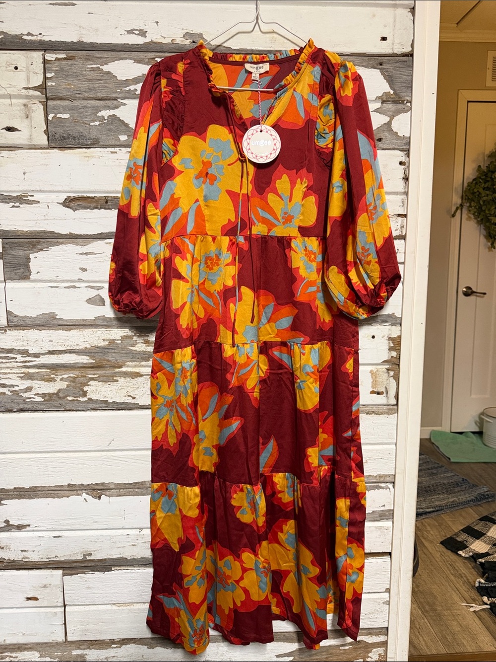Umgee Burgundy Floral Tiered Maxi Dress with Yellow and Light Blue Blooms